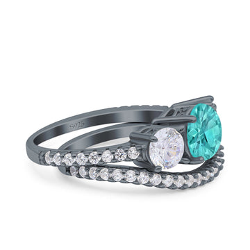 Three Stone Art Deco Wedding Piece Ring Round Black Tone, Simulated Paraiba Tourmaline CZ 925 Sterling Silver